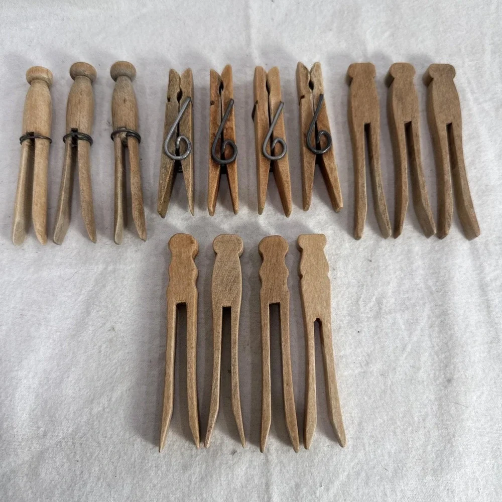 14 Antique Primitive Wood Clothespins Round Head w/Wire Wrap Flat & Big Spring